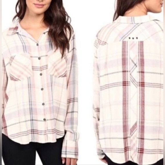 Free People White, Blue, Muave Plaid Shirt Size S - Picture 2 of 10
